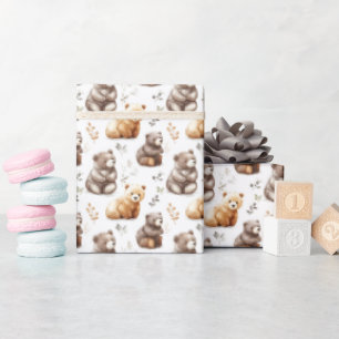 Cute Brown Bears on White Wrapping Paper