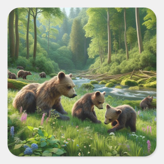 Cute Brown Bears Playing in the Forest Square Sticker (Front)