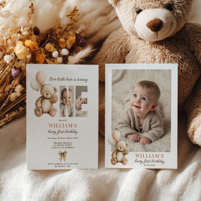 Cute brown Beary 1st Birthday Teddy Bear Photo Invitation (Cute brown Beary 1st Birthday Teddy Bear Photo Invitation)