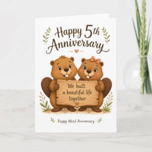 Cute Brown Beaver Couple Fifth Wood Anniversary Card