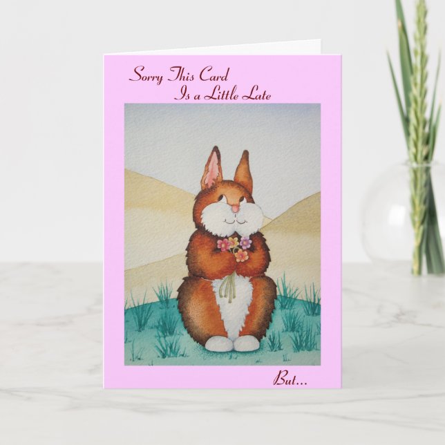 Cute brown Bunny and flowers belated birthday Card (Front)