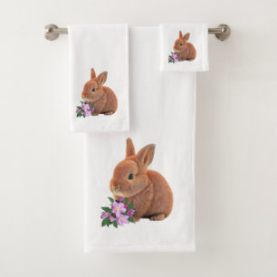 Cute Brown Bunny & Apple Flowers on White Bath Towel Set