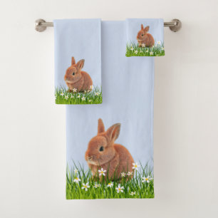 Cute Brown Bunny & Flowers on Light Blue Bath Towel Set