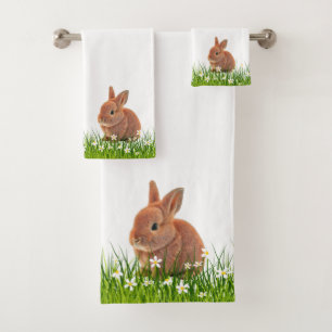 Cute Brown Bunny & Flowers on White Bath Towel Set