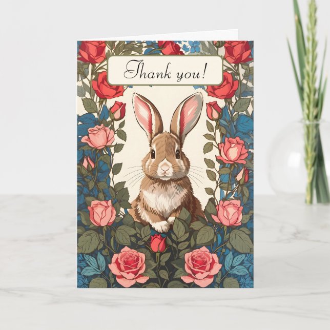 Cute Brown Bunny Rabbit Pink Rose Garden Thank You Card (Front)