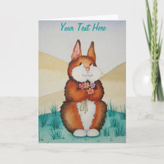 cute brown Bunny smiling and colourful flowers art Holiday Card