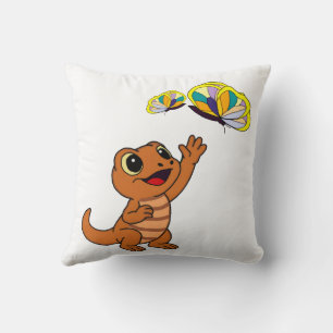 Cute Brown Cartoon Lizard Reaching Butterflies Throw Pillow