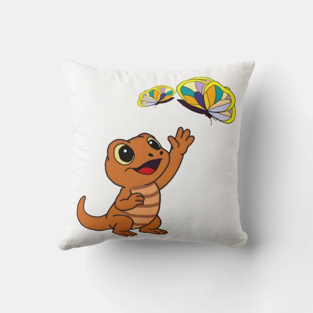 Cute Brown Cartoon Lizard Reaching Butterflies Throw Pillow (Back)