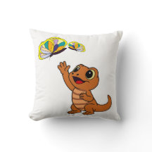 Cute Brown Cartoon Lizard Reaching Butterflies