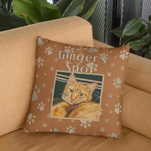 Cute Brown Cat Custom Pet Photo Name Paws Throw Pillow