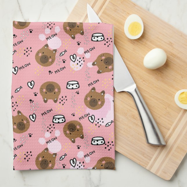 Cute Brown Cat Pattern Kitchen Towel (Quarter Fold)