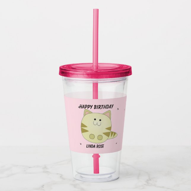 Cute brown cat pink pattern happy birthday acrylic tumbler (Front)
