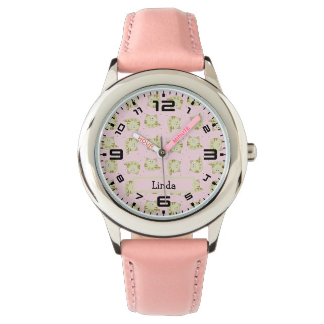 Cute brown cat pink pattern watch (Front)