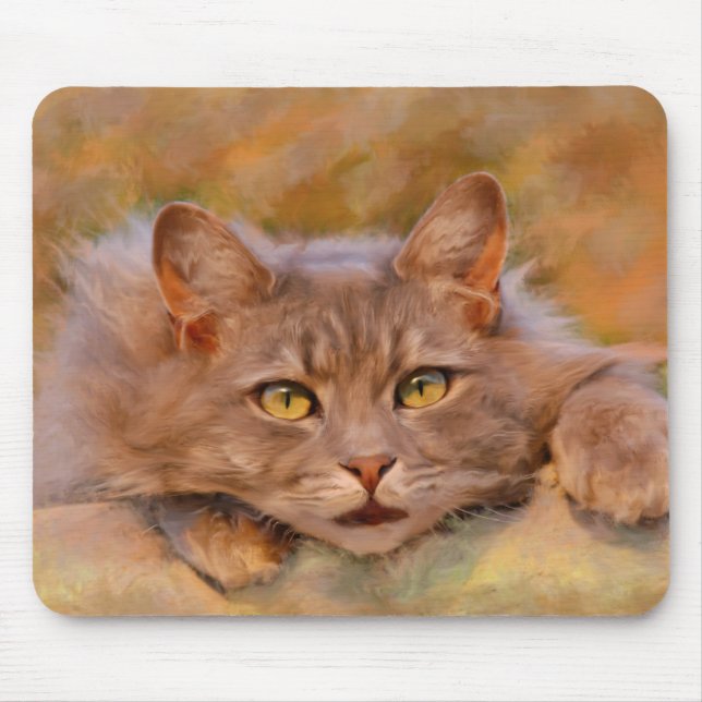 Cute Brown Cat Watercolor Oil Painting Art Mouse Pad (Front)