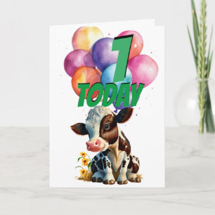Cute Brown Cow 1st Birthday Balloons Card