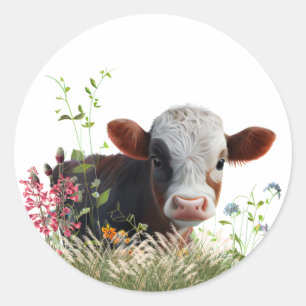Cute Brown Cow sitting in garden Classic Round Sticker