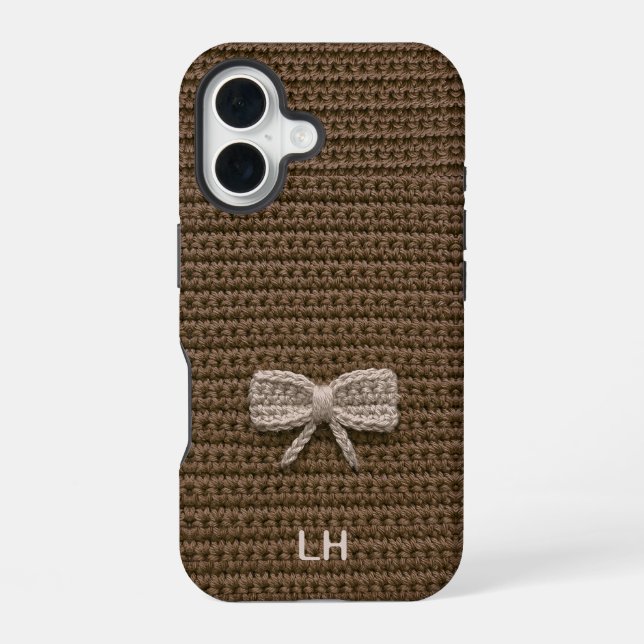 Cute Brown Crochet Bow Yarn Custom Name iPhone 16 Case (Back)