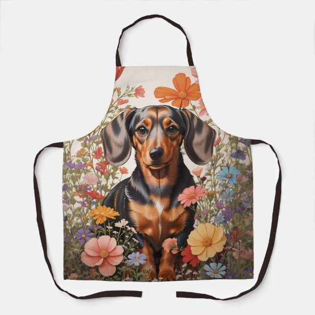 Cute Brown Dachshund And Cosmos Flowers Apron (Front)