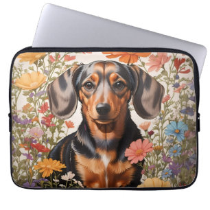 Cute Brown Dachshund And Cosmos Flowers Laptop Sleeve