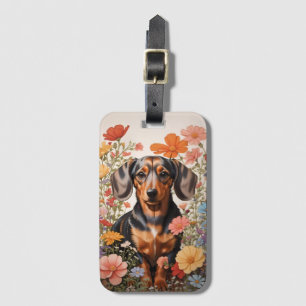 Cute Brown Dachshund And Cosmos Flowers Luggage Tag