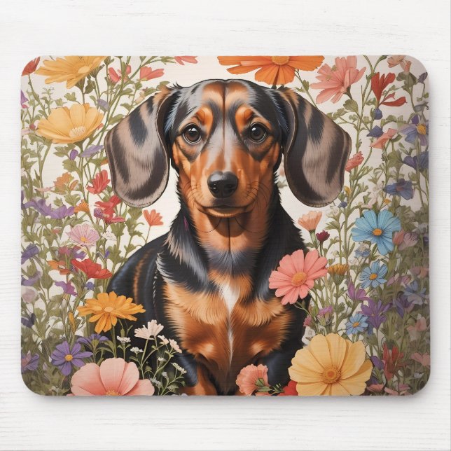 Cute Brown Dachshund And Cosmos Flowers Mouse Pad (Front)