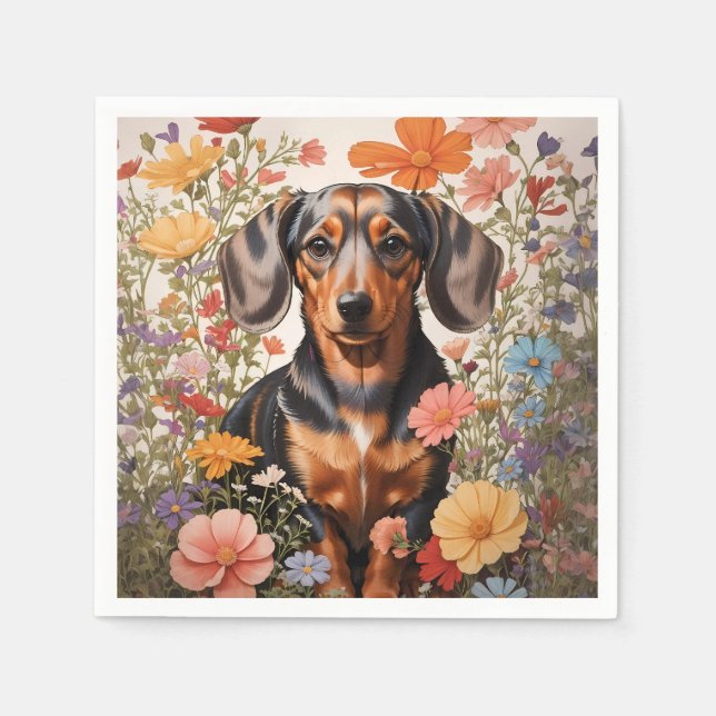 Cute Brown Dachshund And Cosmos Flowers Napkin (Front)
