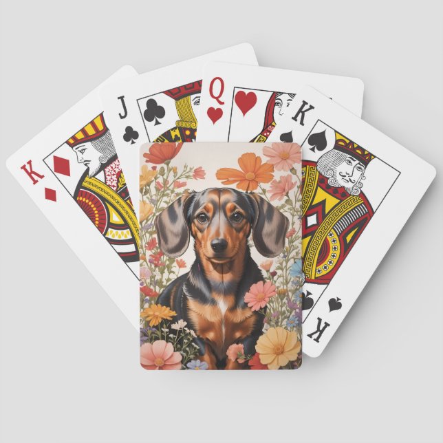 Cute Brown Dachshund And Cosmos Flowers Playing Cards (Back)
