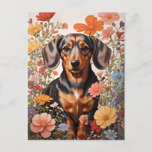 Cute Brown Dachshund And Cosmos Flowers Postcard (Front)