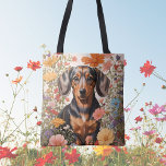 Cute Brown Dachshund And Cosmos Flowers Tote Bag<br><div class="desc">Cute Brown Dachshund And Cosmos Flowers Tote Bag – where everyday elegance meets adorable charm. This delightful tote features a sweet brown dachshund surrounded by delicate cosmos flowers, each intricately adorned with William Morris-inspired patterns. The warm browns, soft pinks, and botanical details create a whimsical and nature-inspired scene, making your...</div>