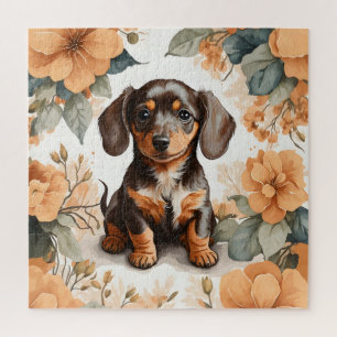 Cute Brown Dachshund Puppy Peach Floral Jigsaw Puzzle