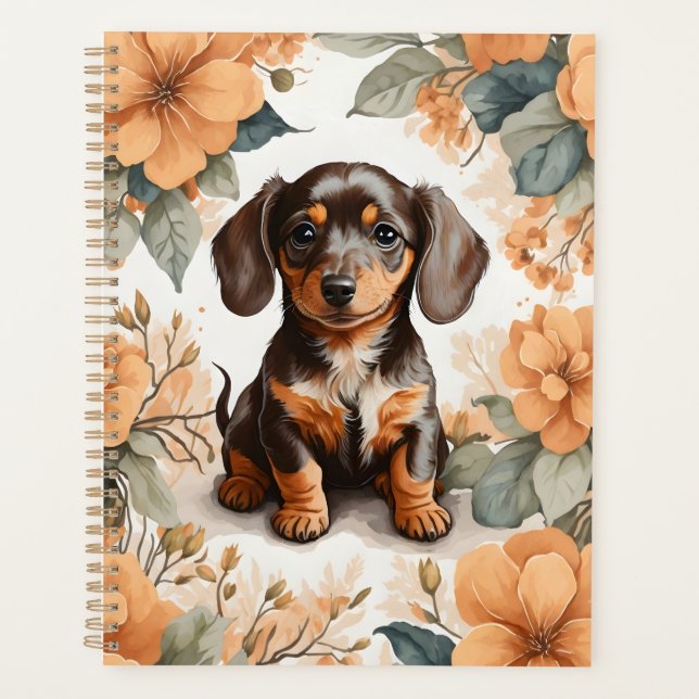Cute Brown Dachshund Puppy Peach Floral  Planner (Front)
