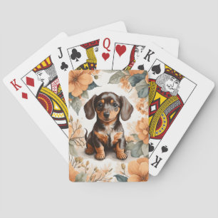 Cute Brown Dachshund Puppy Peach Floral Playing Cards
