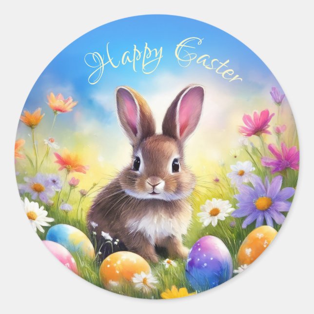 Cute Brown Easter Baby Bunny Classic Round Sticker (Front)