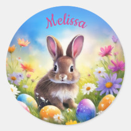 Cute Brown Easter Baby Bunny Name Classic Round Sticker