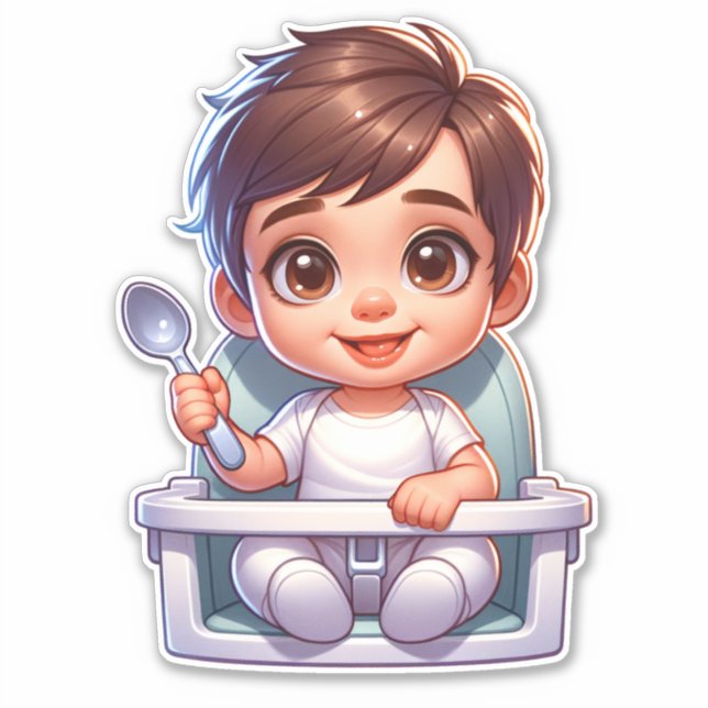 Cute Brown Eyed Baby Boy Holding a Spoon (Front)