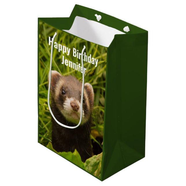 Cute Brown Ferret in the Grass Happy Birthday Medium Gift Bag (Front Angled)
