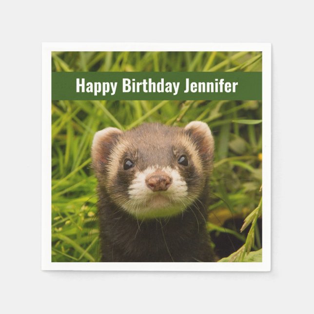 Cute Brown Ferret in the Grass Happy Birthday Napkin (Front)