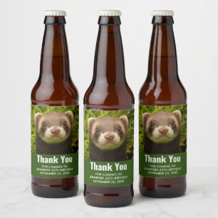 Cute Brown Ferret in the Grass Thank You Birthday Beer Bottle Label