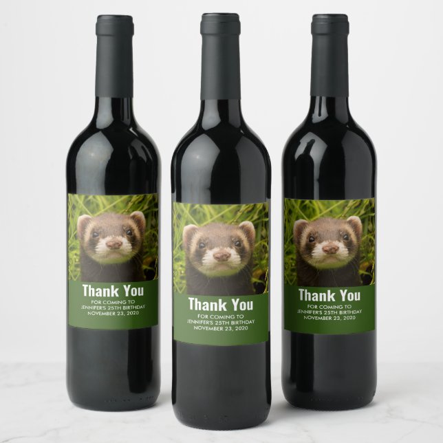 Cute Brown Ferret in the Grass Thank You Birthday Wine Label (Bottles)