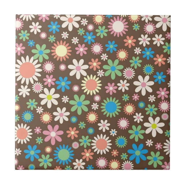 Cute Brown Flower Power Pattern Tile (Front)