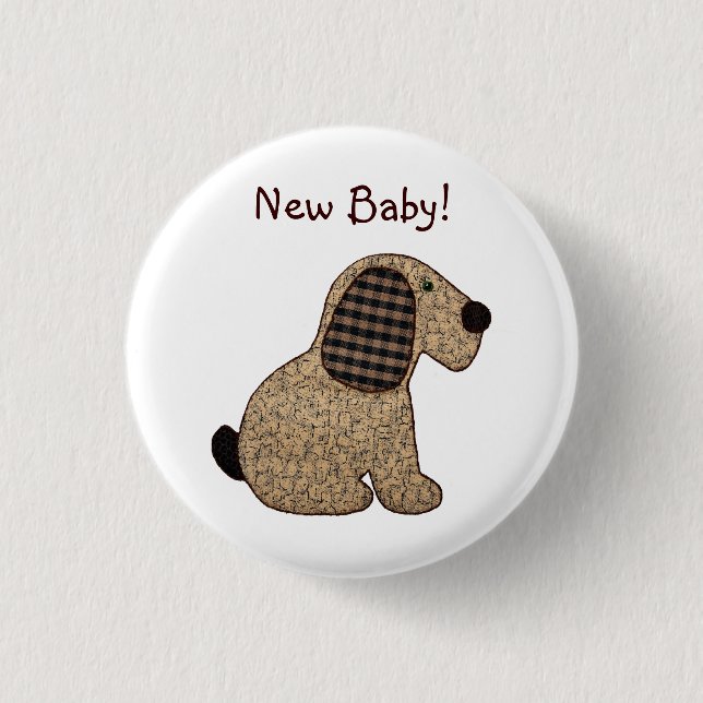 Cute Brown Gingham Patchwork Puppy Dog 1 Inch Round Button (Front)