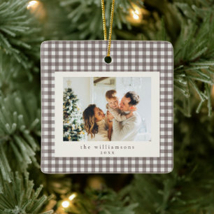 Cute Brown Gingham Plaid Custom Photo Christmas Ceramic Ornament