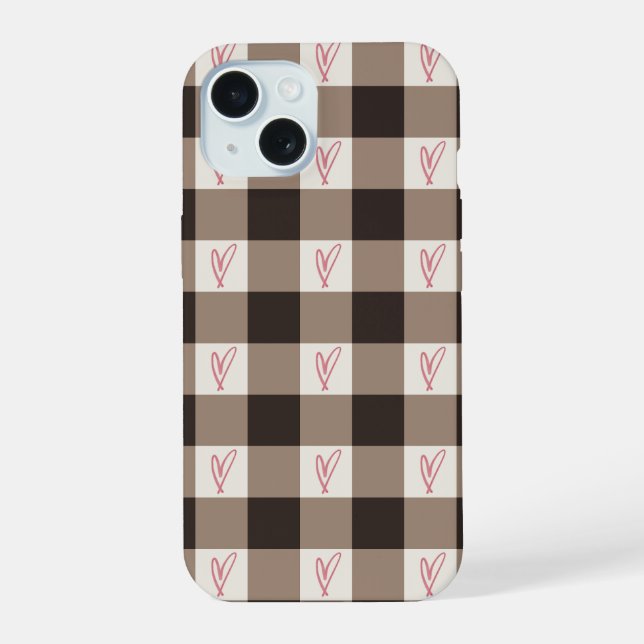 Cute Brown Gingham Plaid Hearts Pattern iPhone  15 Case (Back)