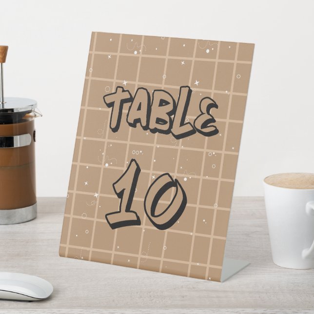 Cute Brown Gingham Table Numbers Pedestal Sign (In SItu)