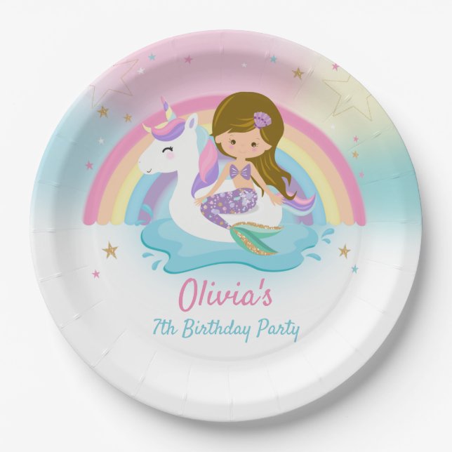 Cute Brown Hair Mermaid and Unicorn Pool Birthday Paper Plate (Front)