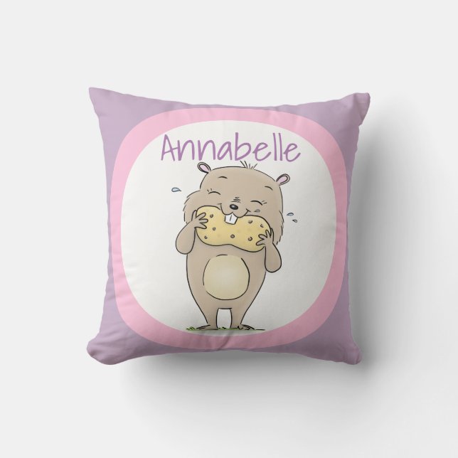 Cute brown hamster eating a peanut pink cartoon throw pillow (Front)