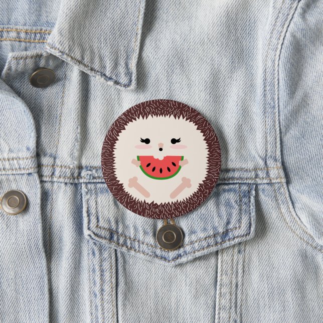 Cute Brown Hedgehog Eating Watermelon Slice 3 Inch Round Button (In Situ)