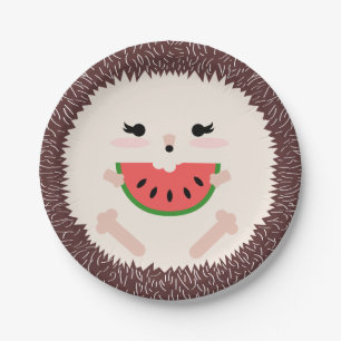 Cute Brown Hedgehog Eating Watermelon Slice Paper Plate