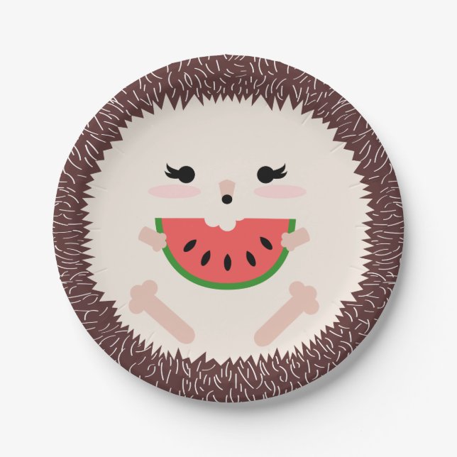 Cute Brown Hedgehog Eating Watermelon Slice Paper Plate (Front)