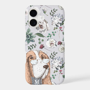 Cute Brown Hipster Dog with Flowers and Monogram